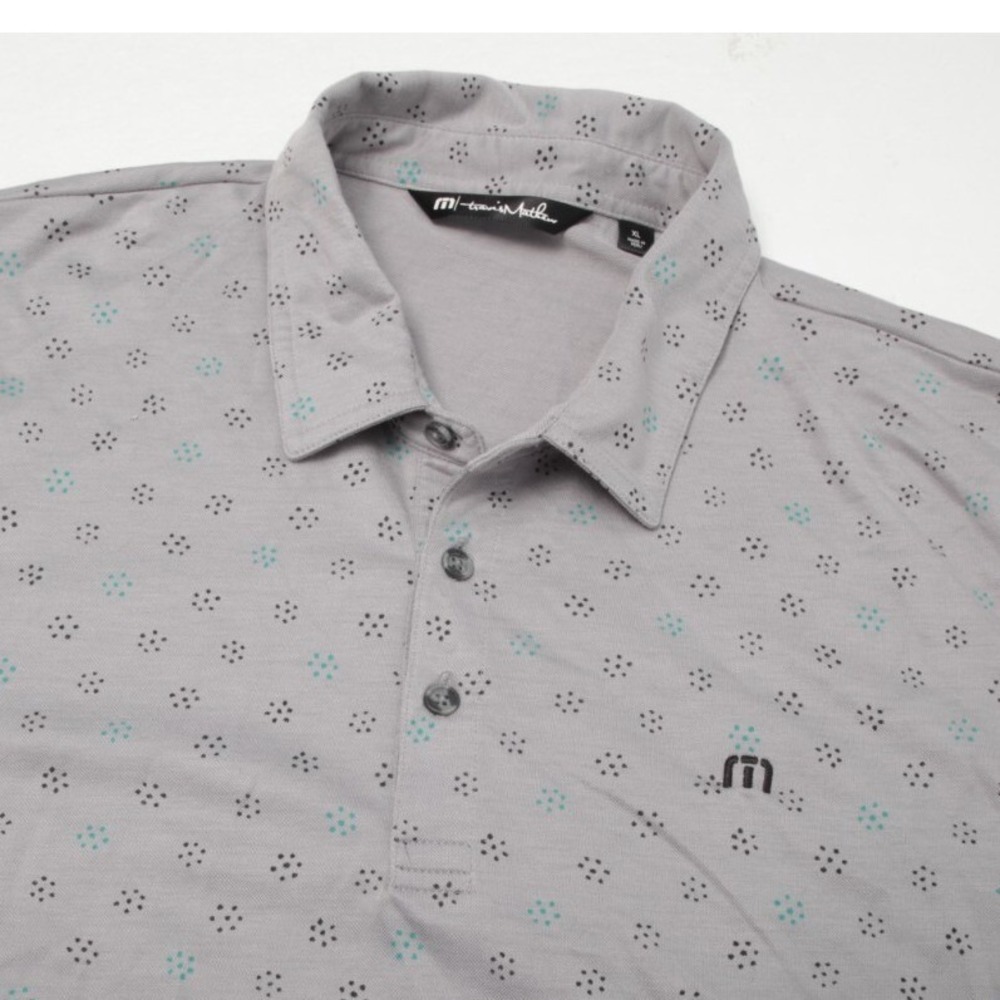 TravisMathew Polo Shirt Men XL Grey Geometric Dot Pima Cotton Blend Short Sleeve